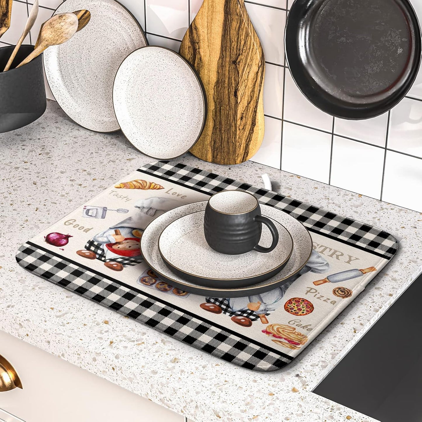Gnome Chef Dish Drying Mat for Kitchen Counter Decor, Black White Buffalo Checked Dish Drainer Rack Mats Absorbent Microfiber Protector for Countertops Sinks, 16x18 Inch