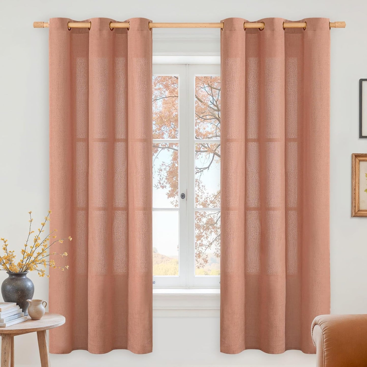YoungsTex Terracotta Linen Curtains 63 Inch Length for Living Room, Light Filtering Semi Sheer Window Drapes with Bronze Grommet Privacy for Bedroom Farmhouse Decorative, 42 x 63 Inch, 2 Panels