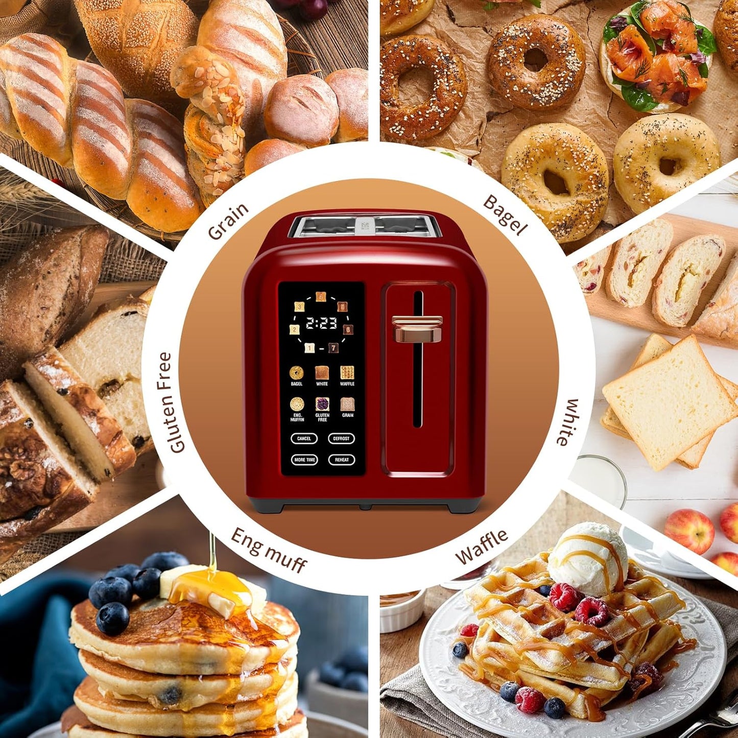 SEEDEEM Toaster 2 Slice, Touch Control Stainless Toaster LCD Display, 50% Faster Heating Speed, 1.4'' Wide Slots, More Timer Functions, Removable Crumb Tray, 1350W, Dark Cherry