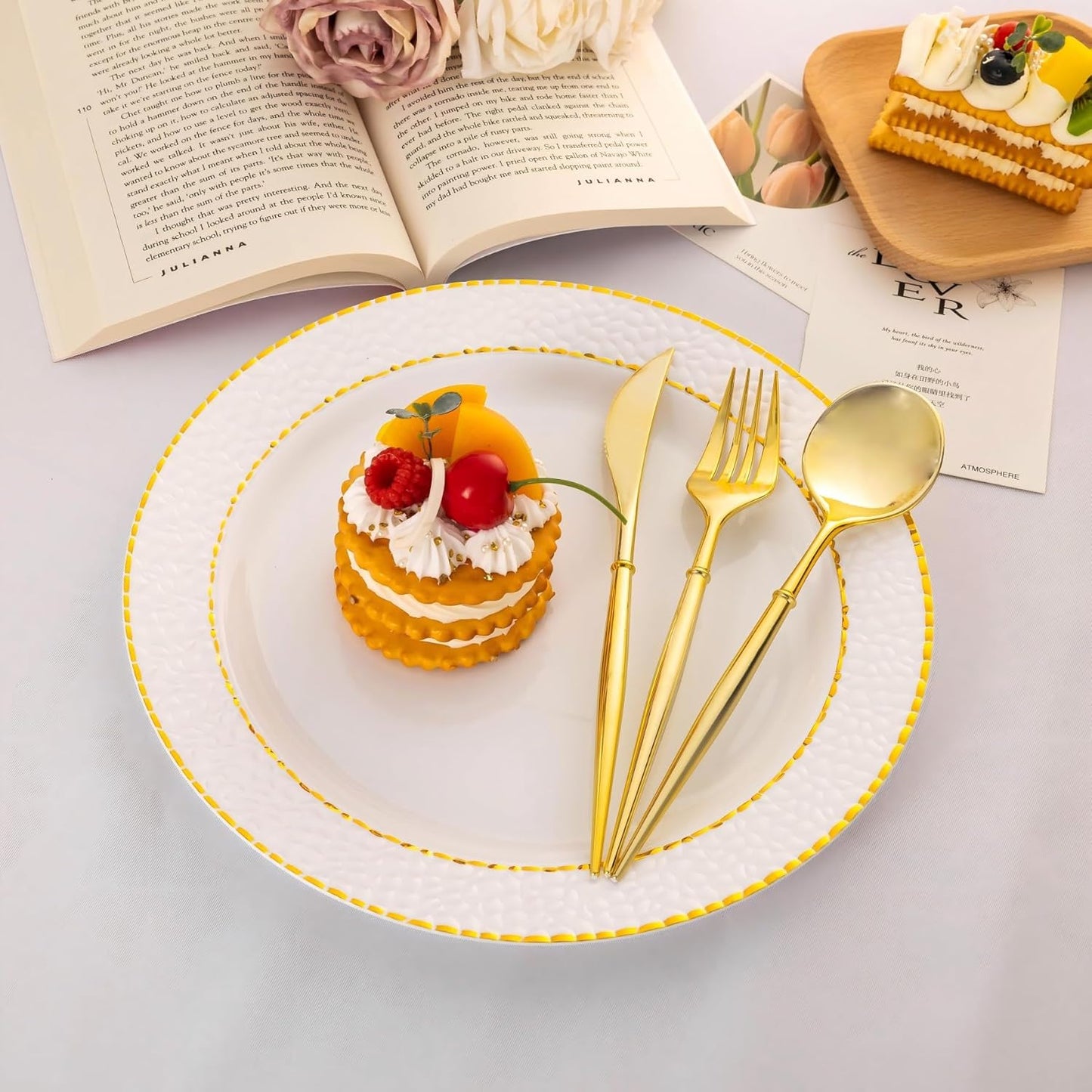 N9R 90PCS Gold Plastic Silverware, Gold Disposable Utensils, Gold Silverware Disposable, Disposable Cutlery includes: 30 Knives, 30 Forks, and 30 Spoons for Party, Birthday, Wedding