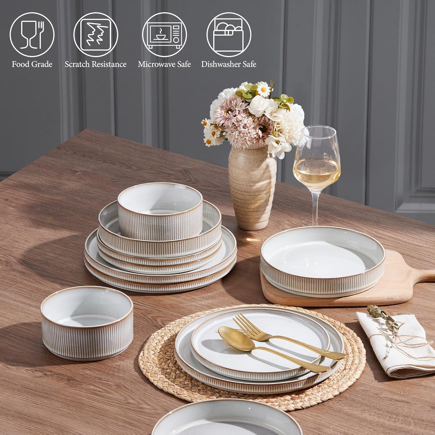 E-far 16 Piece Dinnerware Sets, Plates and Bowls with Pasta Bowls Service for 4, Modern Stoneware Ribbed Dishes for Kitchen Dining, Microwave & Dishwasher Safe, Creamy Beige