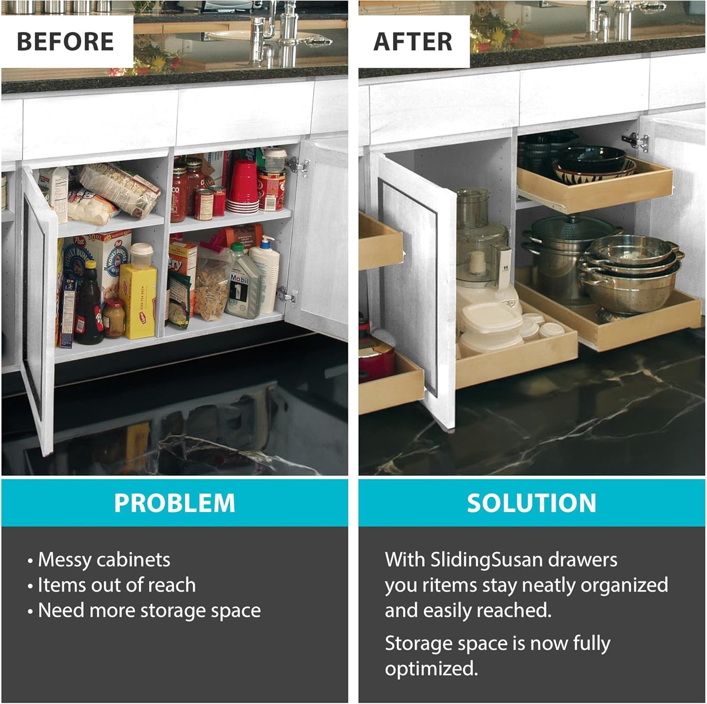 SlidingSusan Pull Out Drawer Organizer for Cabinets, Gliding Soft Close Shelves for Kitchen, Pantry, Bathroom, & Storage Organization, Hard Rock with MDF Core, 20 Inch Wide x 21 Inch Deep