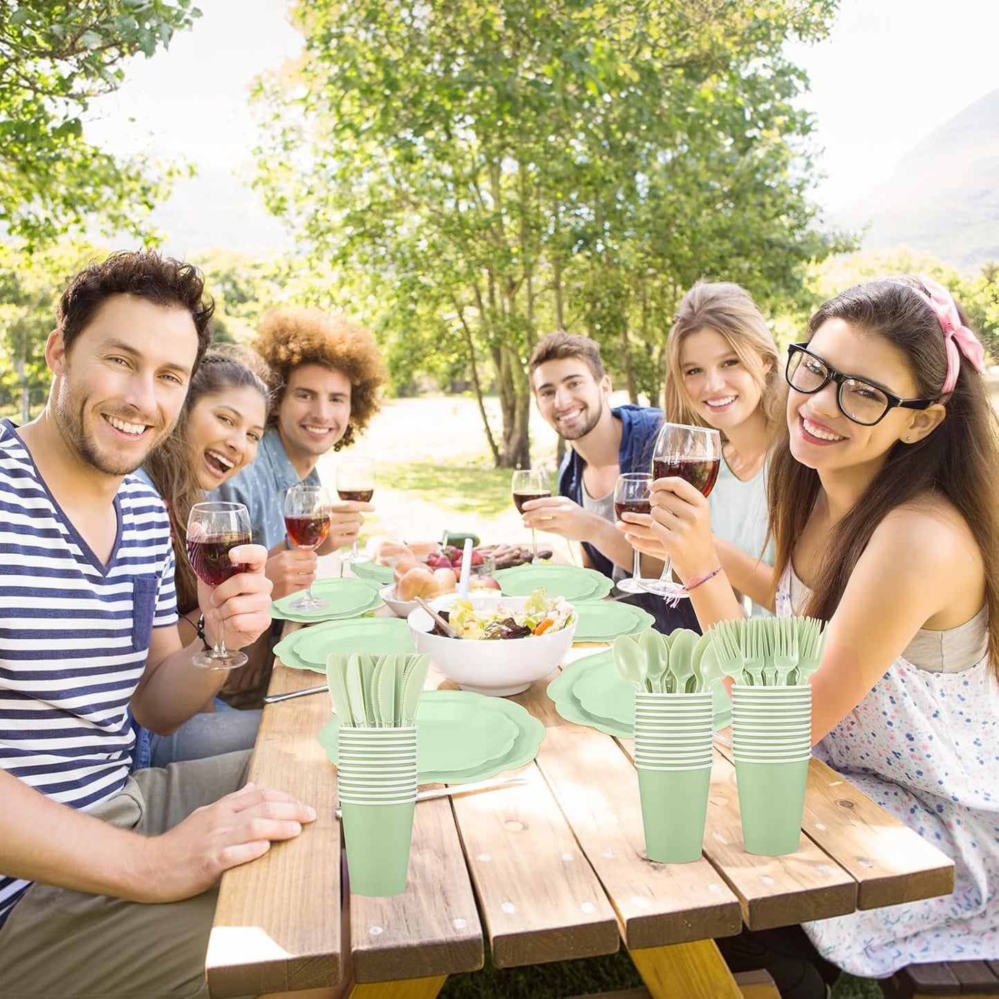 350 Pcs Sage Green Party Supplies Include Scalloped Plate Napkin Cup Forks Knives, Plastic Cutlery 50 Guest Disposable Party Tableware Set for Wedding Baby Shower Bridal Shower Birthday Parties