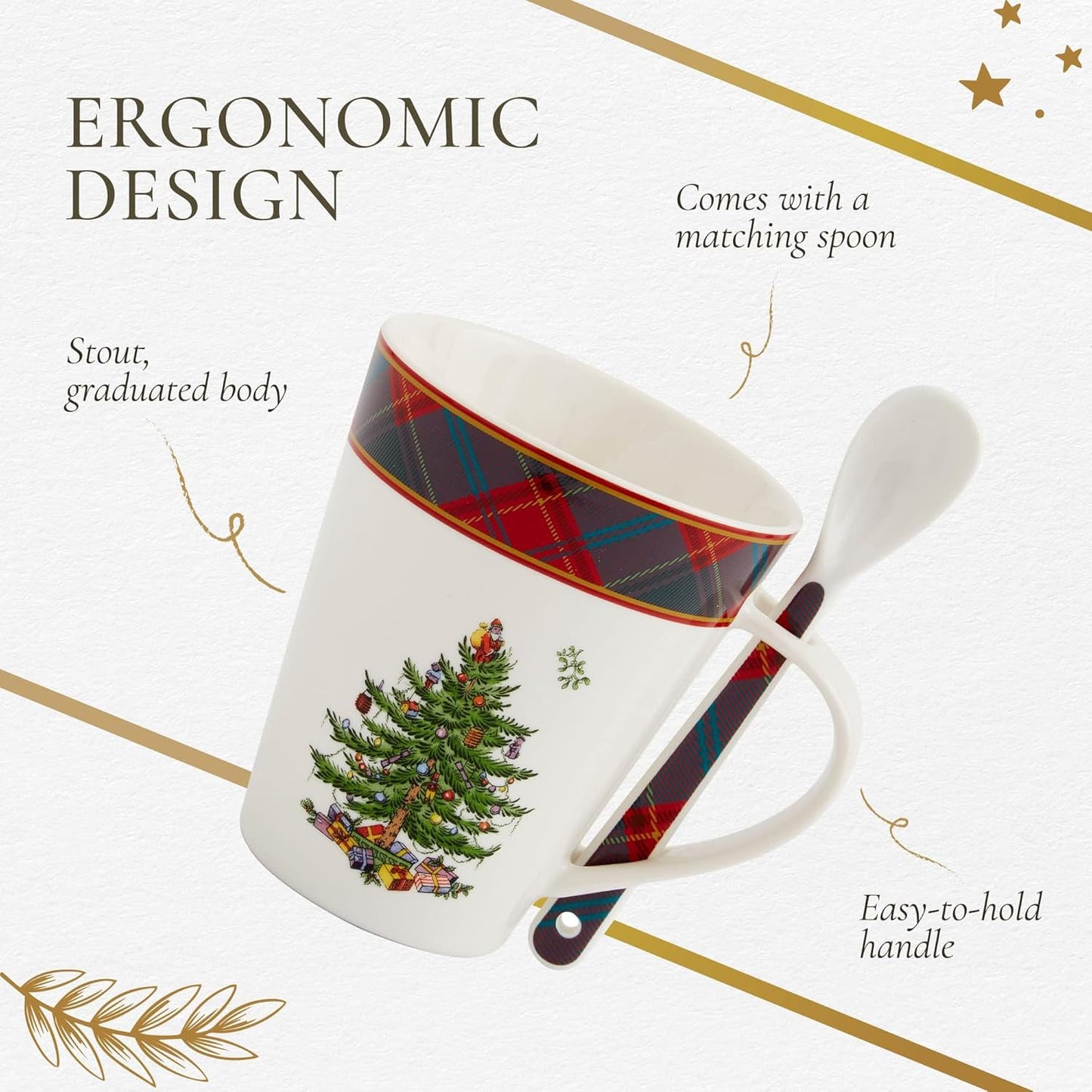 Spode Christmas Tree Mug & Spoon Set, 14 Oz Porcelain Mug for Coffee, Tea, Milk, Hot Cocoa - Festive Gift Box - Dishwasher & Microwave Safe - Holiday Collection Design for Gifting (Tartan)