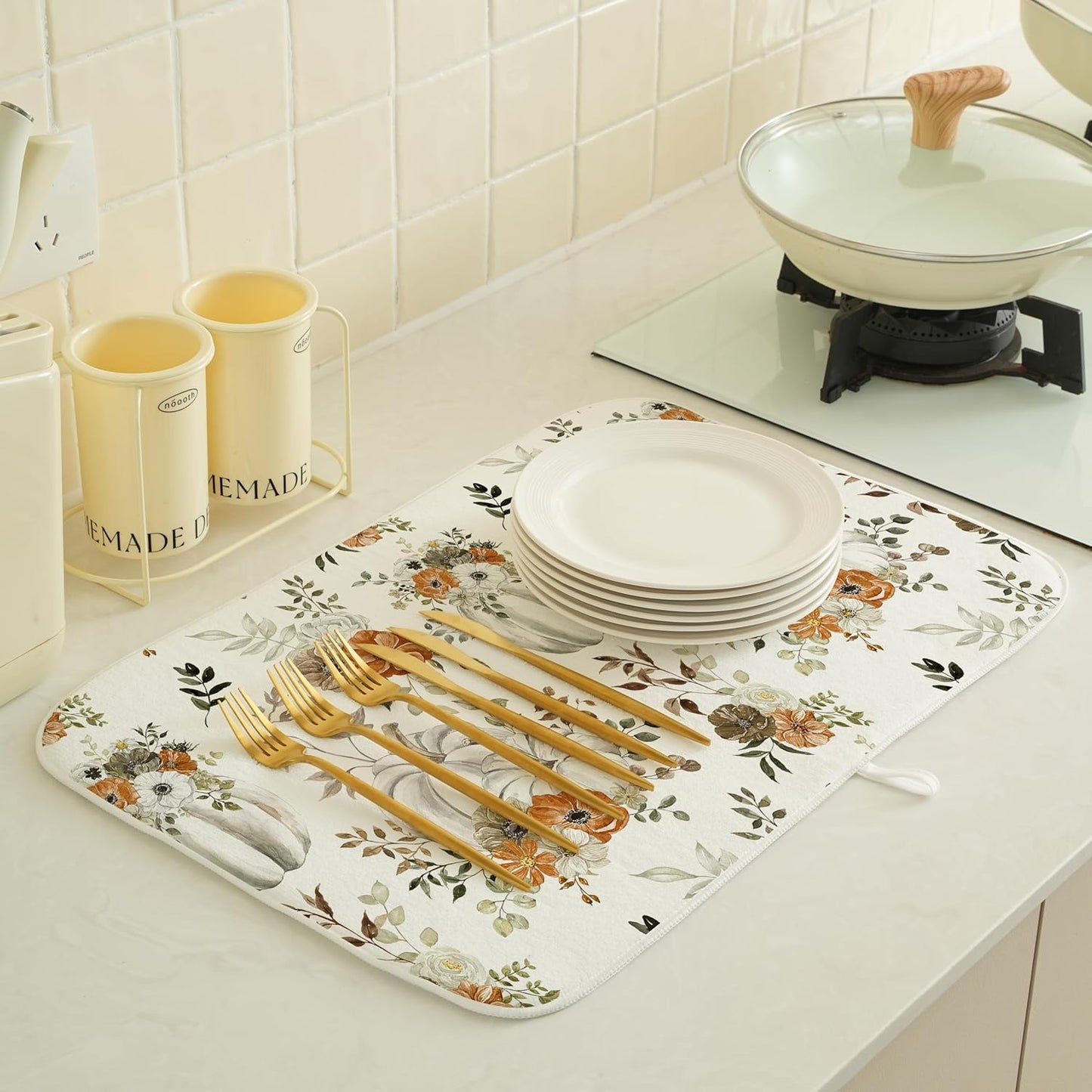 Fall Dish Drying Mat 18 x 24 inch Thanksgiving Autumn Watercolor Pumpkin Maple Leaves Decorative Drying Mats Microfiber Absorbent Dish Washable Draining Mat for Kitchen Counter Decor