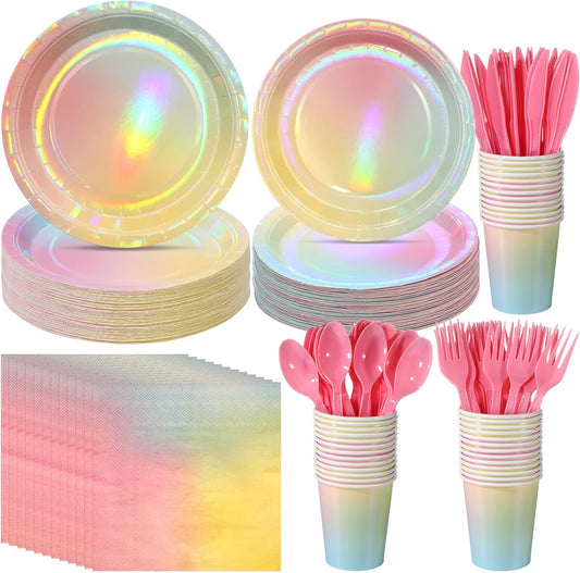 Iridescent Rainbow Party Decorations - Serve 25, Holographic Pastel Paper Plates and Napkins, Disposable Iridescent Rainbow Plates, Cups, Napkins for Girls Birthday, Wedding, Baby Shower