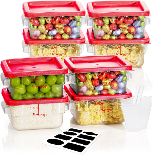 2QT NSF Food Storage Containers: 8 PCS [Food Grade][Hot&Cold Resistant] Commercial Clear Square Food Storage Containers with Scales Handles for Home Restaurant Kitchen Proof Dough (Red)