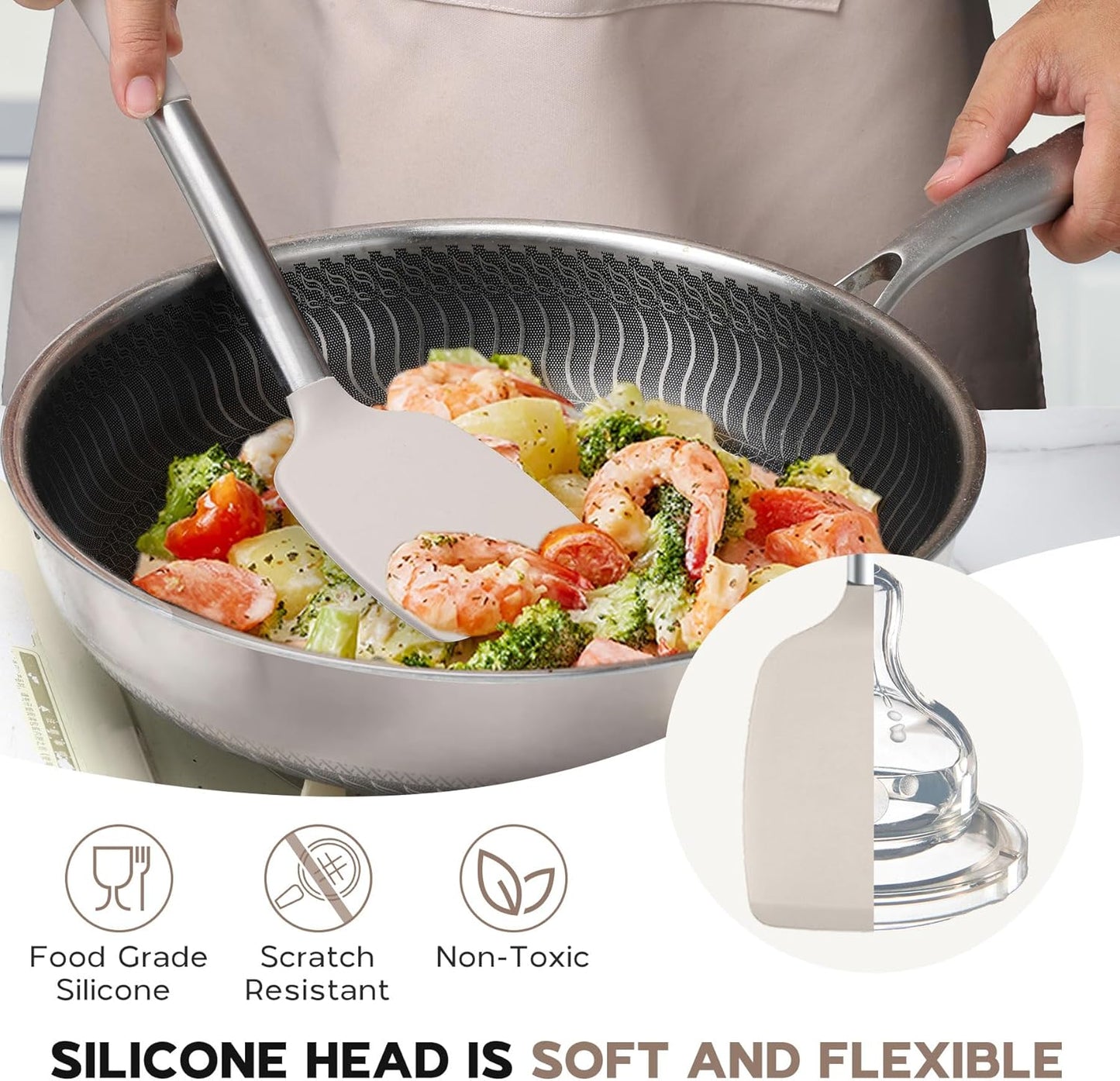 Onader Silicone Cooking Utensils Set of 15, Kitchen Utensils Set with Holder for Nonstick Cookware, 446°F Heat Resistant Stainless Steel Handle - Khaki