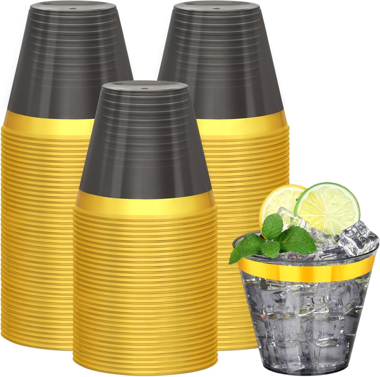 100 Pcs Gold Black Plastic Cups,9Oz Clear Disposable Cups with Gold Rim,Heavy Duty Clear Disposable Plasitc Cocktail Glasses Tumblers Wine Cup for Party,Wedding,Birthday,Christmas