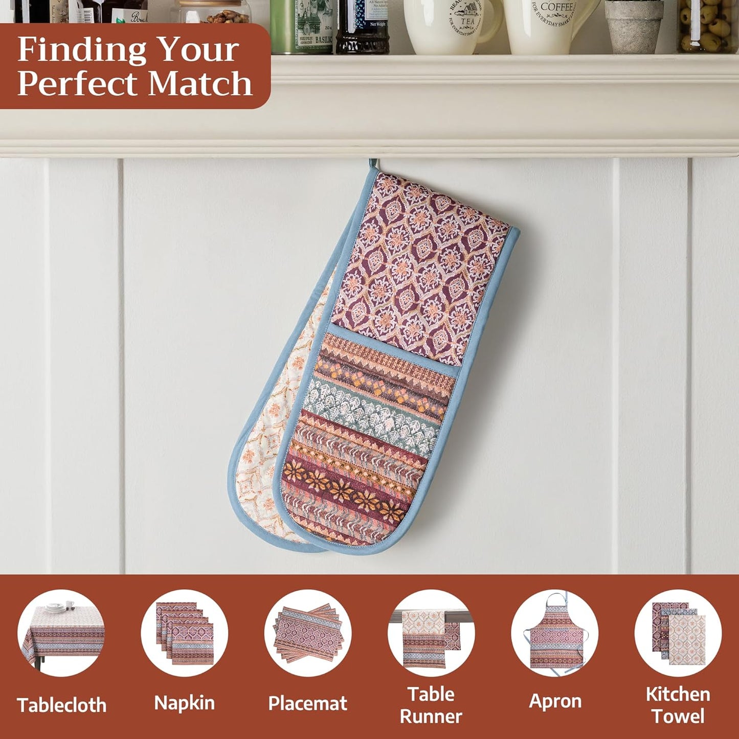 Maison d' Hermine Double Oven Mitt (7" x 35") 100% Cotton Heat Resistant BBQ Cooking Gloves with Loop for Thanksgiving Christmas Decorations Baking Cooking Barbeque Handling Hot Pan (Fair Isle)