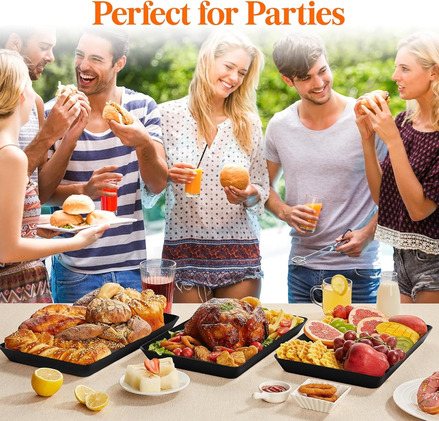 Lifewit Plastic Serving Tray 4 pcs, 15" x 10" Reusable Platters for Party, Black Crack-Proof Tray for Fruit, Veggie, Snack, Cookies, Desserts in Kitchen/Pantry