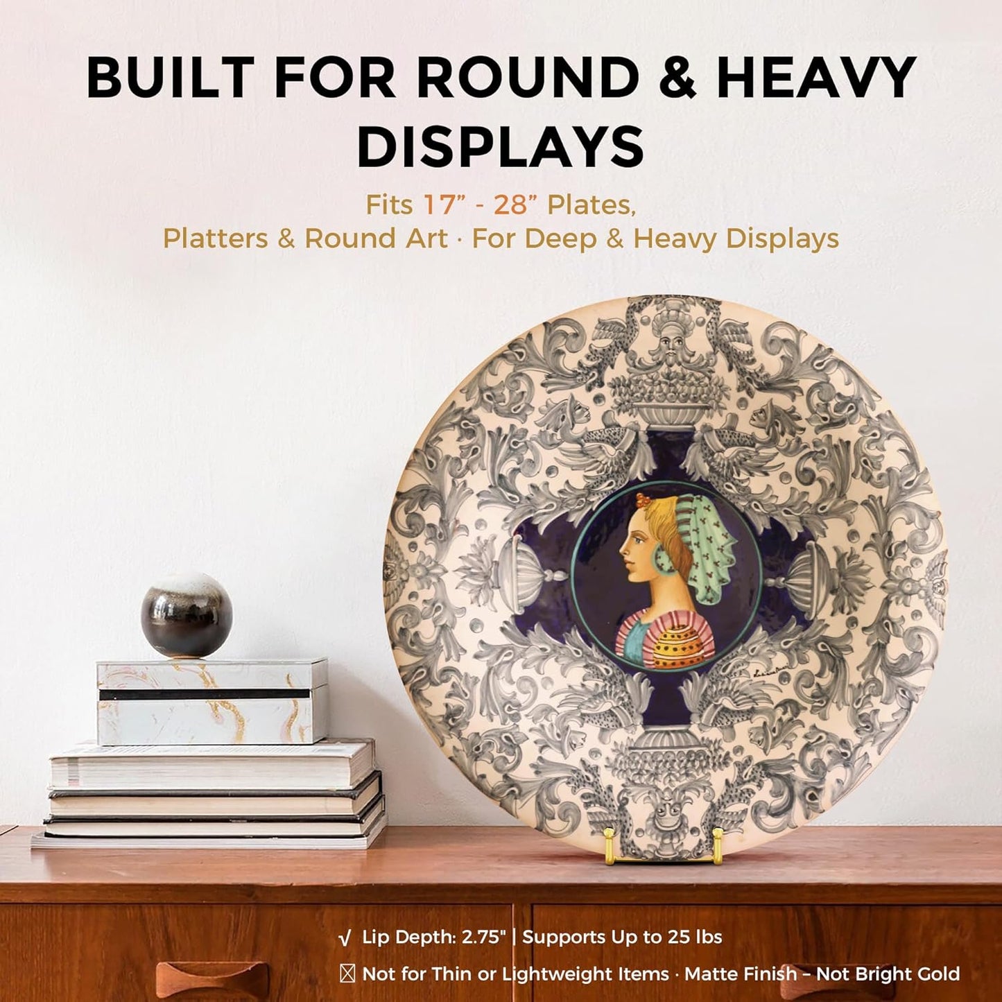 TR-LIFE 16 Inch Gold Metal Plate Stand (2 Pack) - Heavy Duty Display Stand for Extra-Large Plates, Frames, Platters and Art