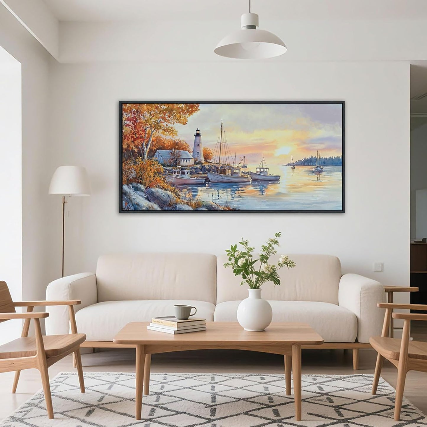 QZQCBLC Harbor Landscape Wall Art, Sunset Over the Sea Homeward-bound Boat Pictures Artwork Large Modern Lighthouse Ocean View Painting Framed for Living room Bedroom kitchen Home Office Decor 24x48 IN