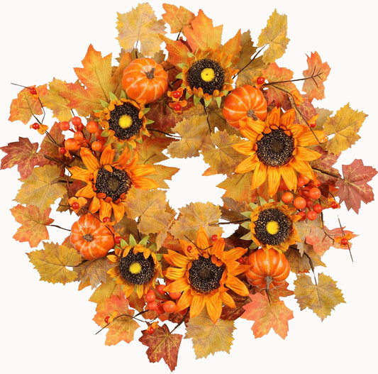 22 Inch Fall Wreath for Front Door with Sunflowers and Pumpkins, Artificial Autumn Harvest Wreath with Maple Leaves & Berries for Thanksgiving Holiday Home Decor Indoor Outdoor