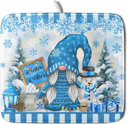 Winter Christmas Gnomes Dish Drying Mat 16x18 for Kitchen Counter Snowman Xmas Gift Tree Snowflake Large Absorbent Microfiber Fast Dry Dishes Draining Mats Holiday Kitchen Decor
