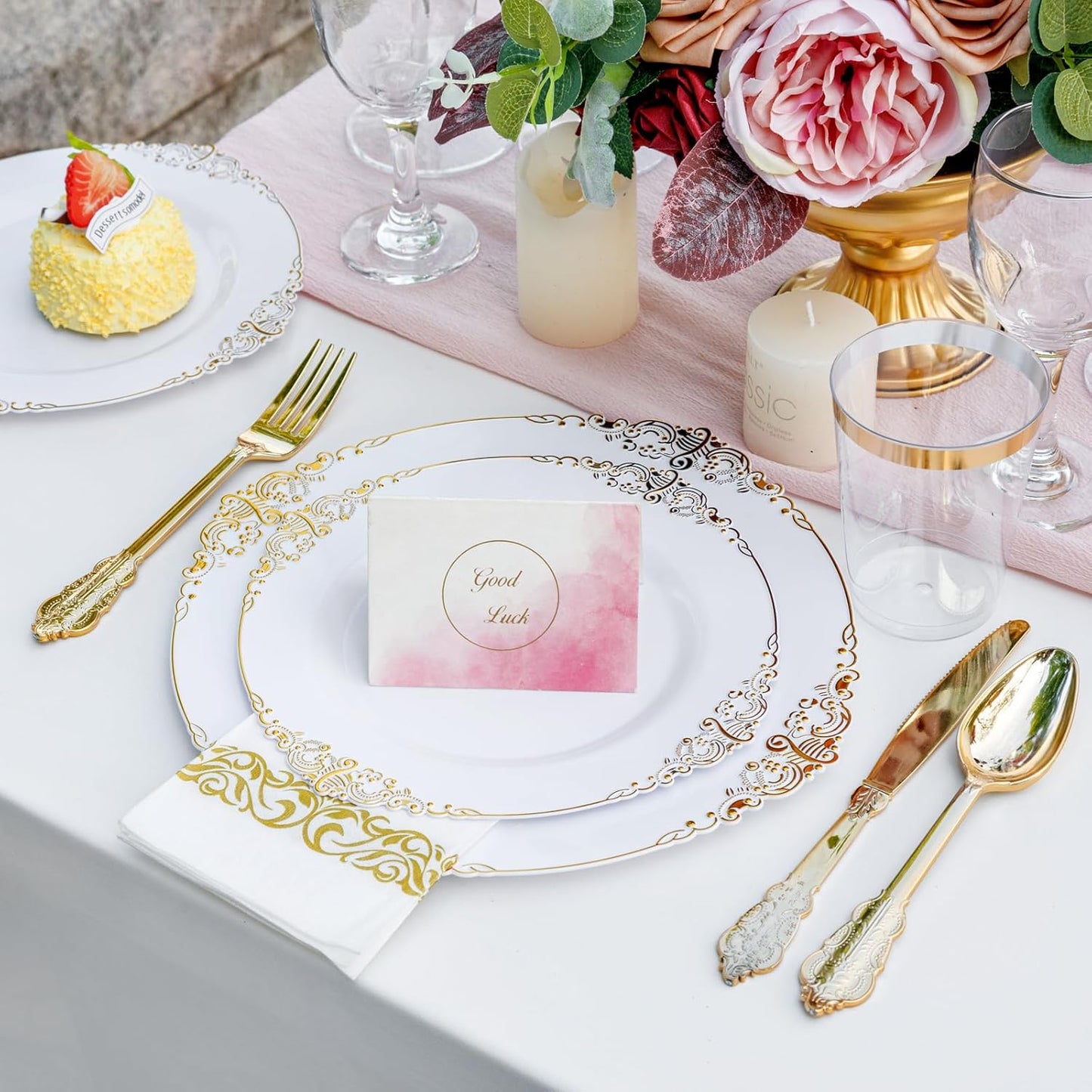 Nervure 700PCS Gold Plastic Plates - Gold Plastic Dinnerware Sets for 100 Guests - 200 Disposable Plates, 300 Silverware, 100 Cups, 100 Napkins for Wedding & Party & Thanksgiving