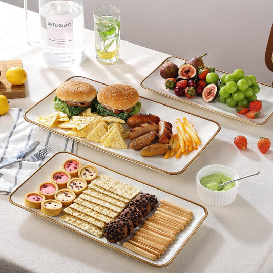 Ceramic Rectangle Serving Platter with Brown Rim: 15.6/14.1/12.6 Inch Large Serving Dishes for Entertaining Party, Turkey, Cheese, Sushi, Snack and Dessert, Microwave Dishwasher Safe