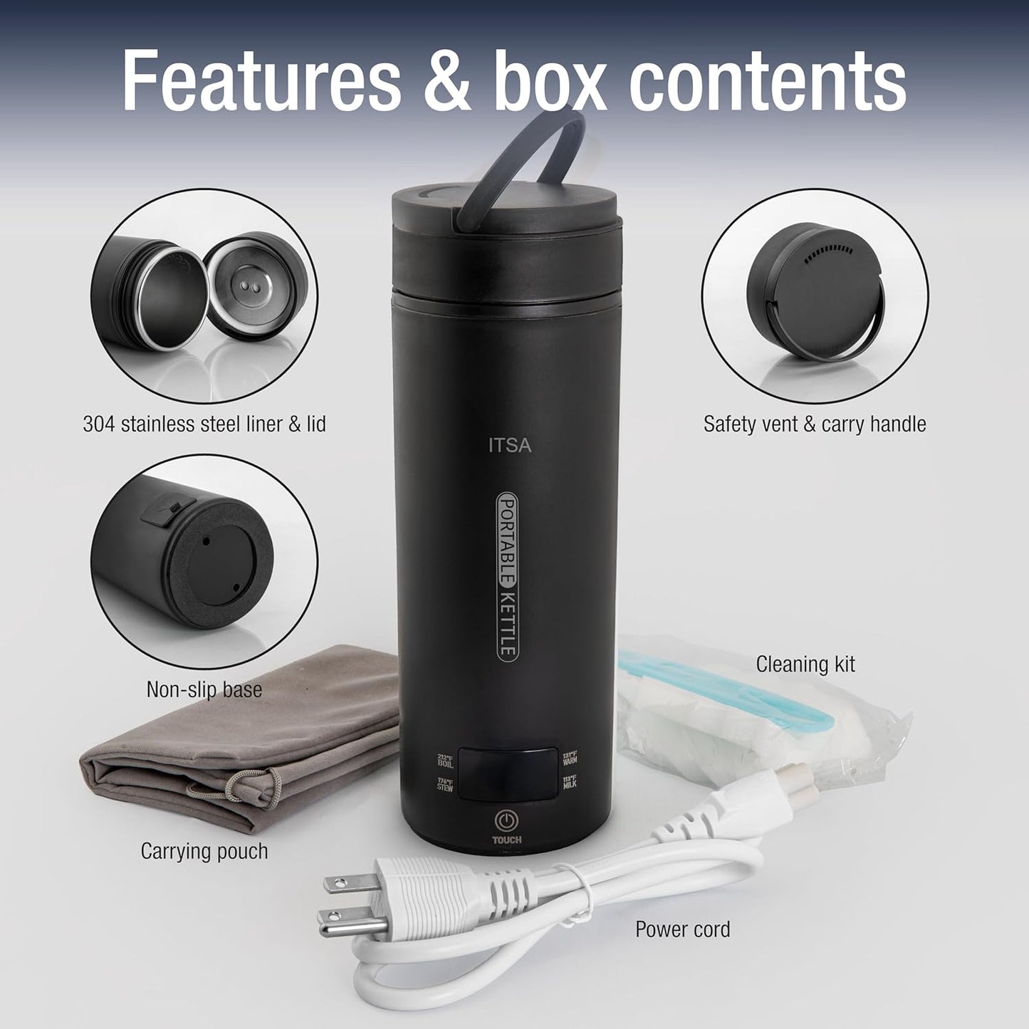 ITSA Travel Electric Kettle 500ml Portable Stainless Steel Water Boiler with Temperature Control & Auto Shut Off – Mini Electric Kettle for Coffee, Tea & Hot Water, BPA-Free