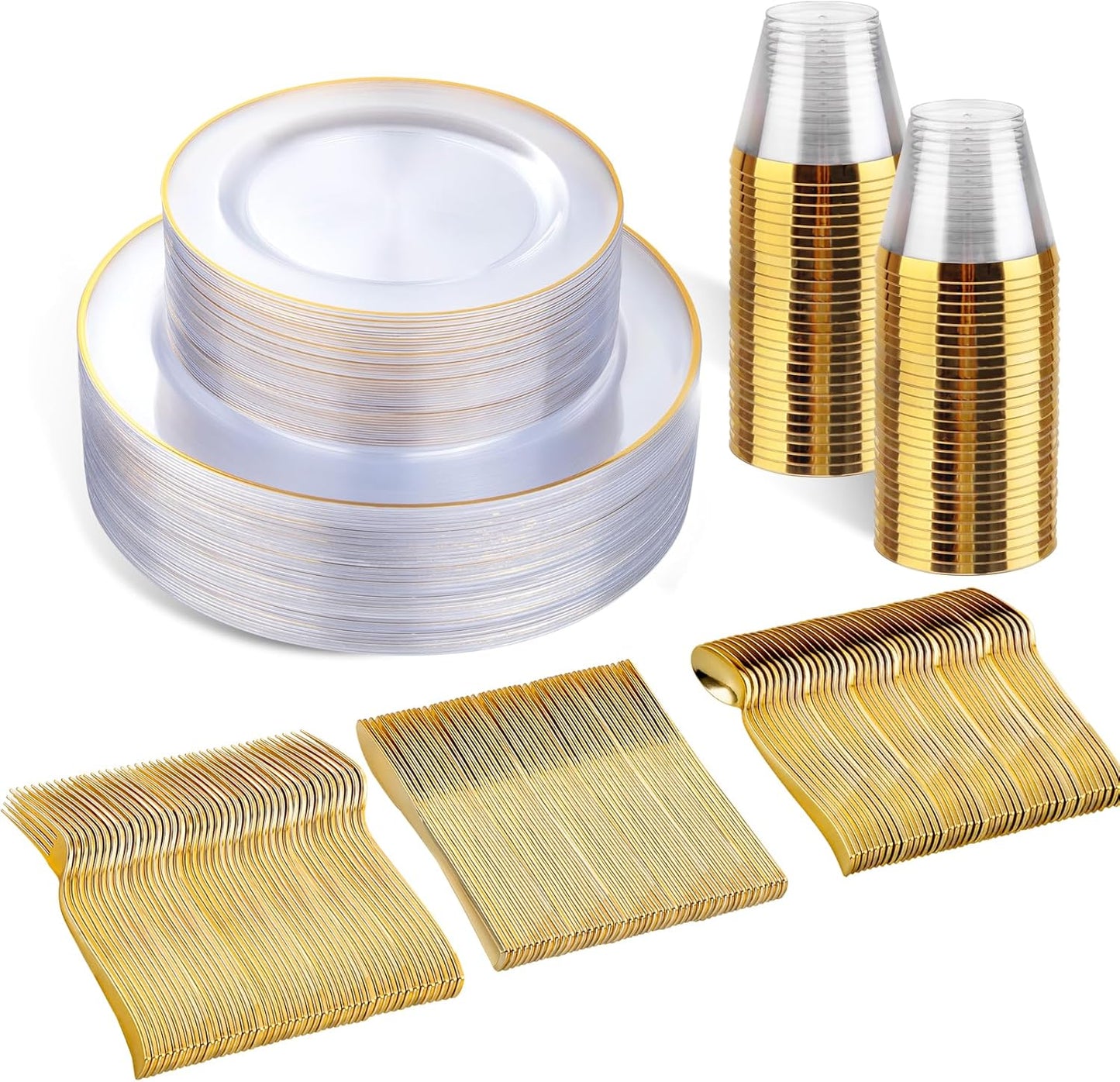 SUT 150 PCS Gold Plastic Plates, Disposable Clear Gold Dinnerware Set with Cups, Includes: 25 Dinner Plates, 25 Dessert plates, 25 Cutlery, 25 Cups, Prefect for Party, Wedding & Shower