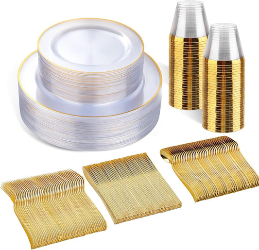 SUT 150 PCS Gold Plastic Plates, Disposable Clear Gold Dinnerware Set with Cups, Includes: 25 Dinner Plates, 25 Dessert plates, 25 Cutlery, 25 Cups, Prefect for Party, Wedding & Shower