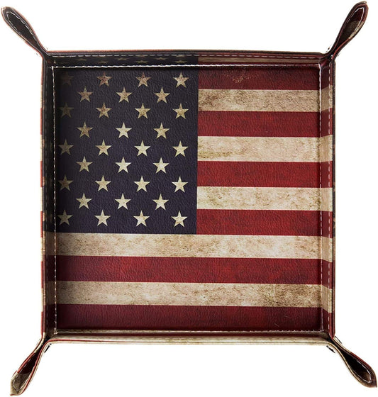 siduater Valet Tray Desktop Storage Organizer, Vegan Leather Catchall Bedside Vanity Tray Nightstand Caddy Holder for Remote Controller, Watch, Keys, Phone, Wallet, Sunglasses, Jewelry - Flag