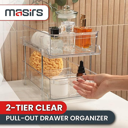 Masirs 2-Tier Clear Pull-Out Drawer Organizer - Sleek, Compact & Sturdy Makeup and Closet Organizer - Easy Assembly Kitchen Storage Solution, Ideal for Makeup, Tools, Medicines & Snacks - Pack of 2