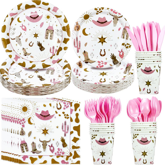 Western Cowgirl Party Decoration Tableware - Cowgirl Birthday Party Supplies Include Plate, Napkin, Cup, Cutlery, Wild West Cowgirl Theme Party Decorations Dinnerware | Serve 24