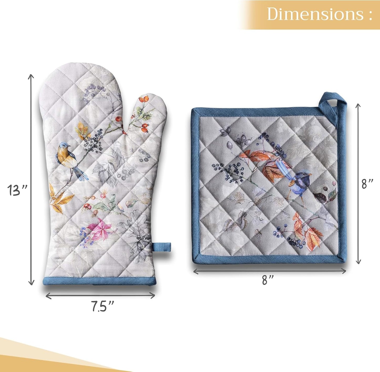 Maison d' Hermine 100% Cotton Oven Mitt & Pot Holder Set (7.5"x13" & 8"x8") Heat Resistant BBQ Cooking Gloves with Loop for Thanksgiving Christmas Decorations Handling Hot Pans (Equinoxe - Grey)