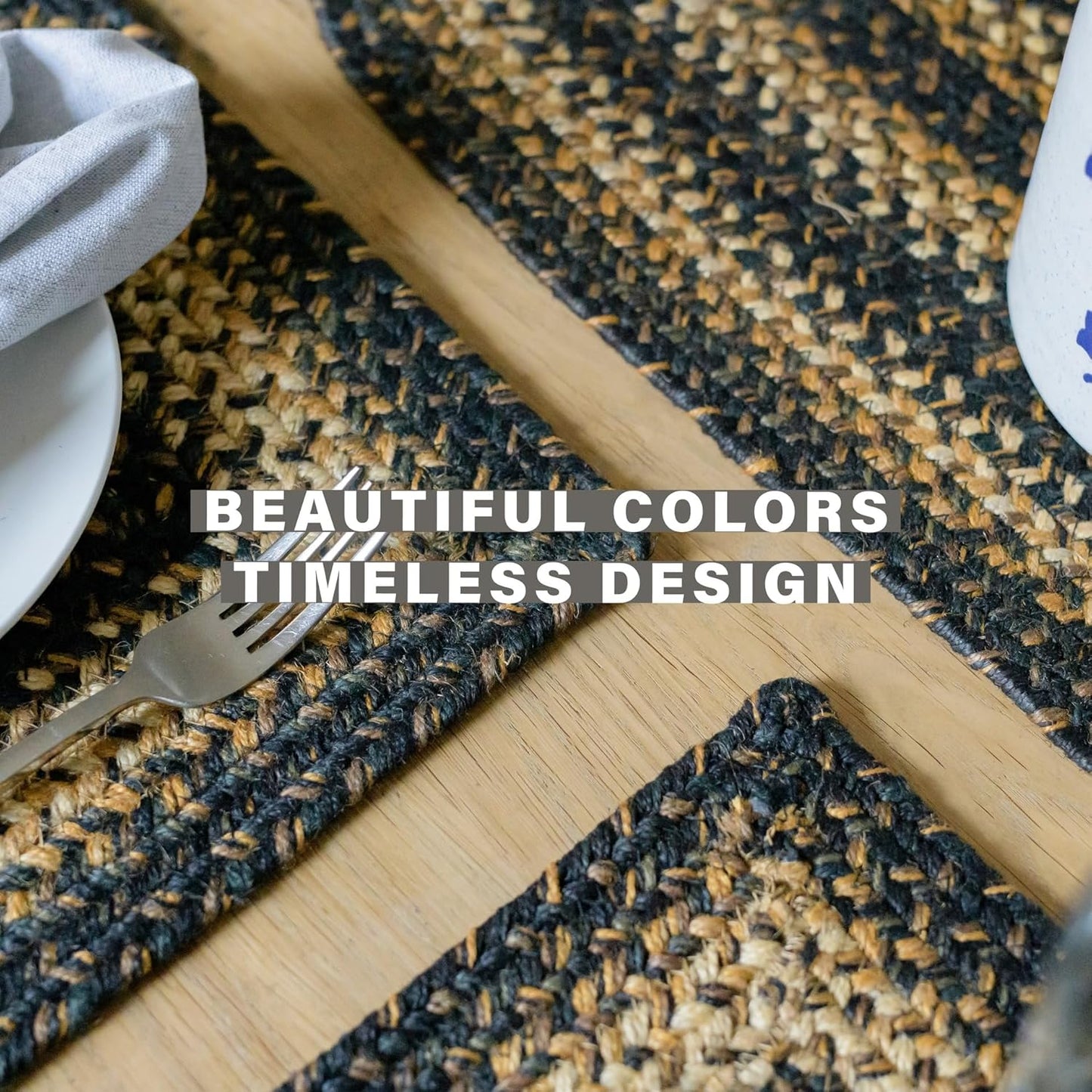 Homespice Kilimanjaro Round Braided Placemats, Warm Primitive Decor, Set of 2, 15" Black and Tan Jute Table Mats - Vibrant Colors, Durable, Easy to Clean and Protects Furniture