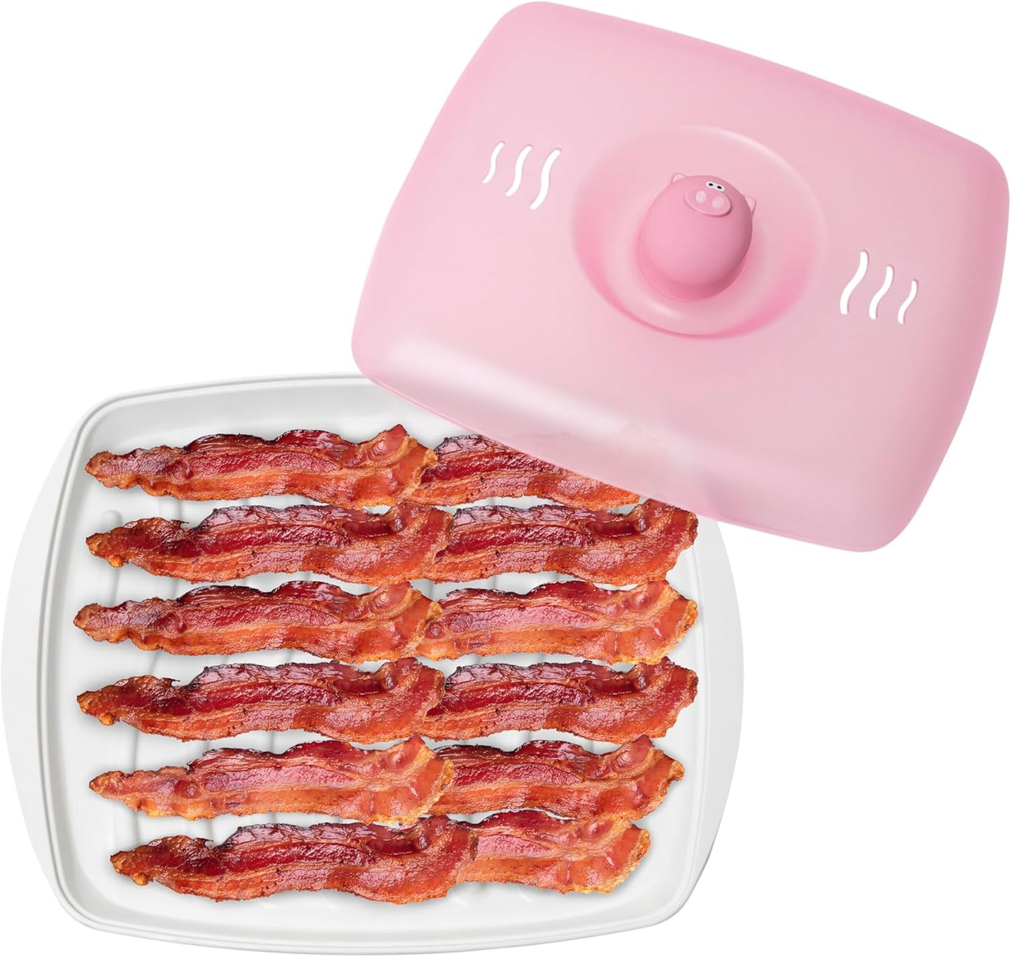 Joie Piggy Microwave Bacon Grooved Cooking Tray with Splatter Lid, Holds 4-5 Strips of Bacon, Easy to Clean, Convenient Kitchen Tool, BPA-Free, Dishwasher Safe