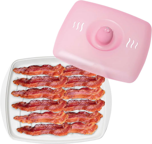 Joie Piggy Microwave Bacon Grooved Cooking Tray with Splatter Lid, Holds 4-5 Strips of Bacon, Easy to Clean, Convenient Kitchen Tool, BPA-Free, Dishwasher Safe