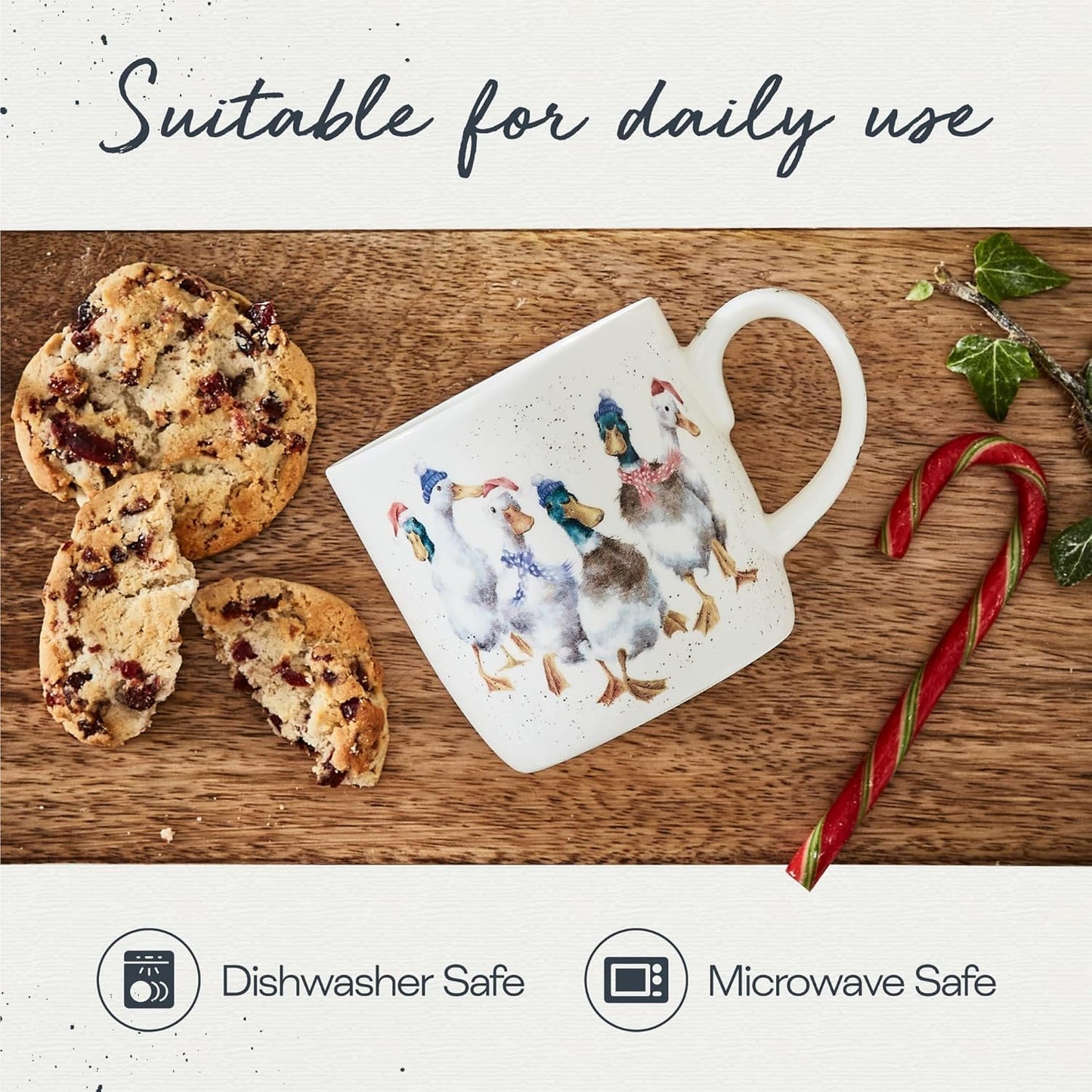 Royal Worcester 14 Oz Duck The Halls Christmas Mug with Duck Design - Fine Bone China Winter Holiday Coffee Mug, Microwave & Dishwasher Safe, Wrendale Designs Festive Holiday Tableware