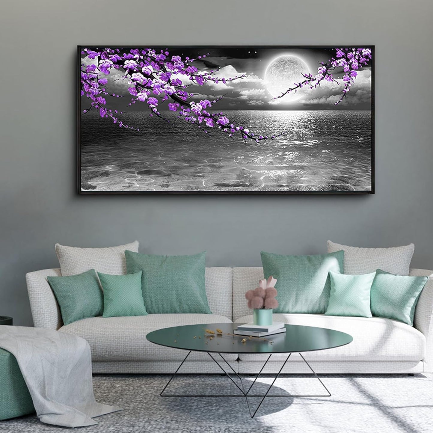 yiijeah Purple Wall Decor - Large Paintings for Living Room Plum Blossom Moon Ocean Canvas Picture Framed Artwork Black and White Seascape Wall Art Home Bedroom Decoration