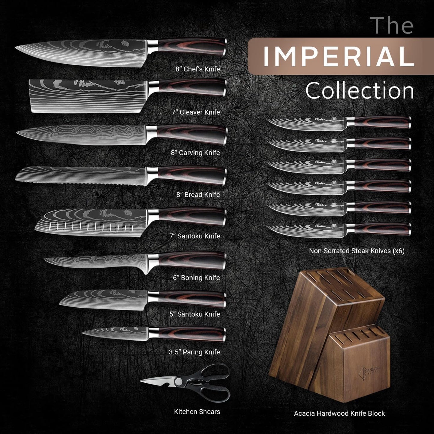 SENKEN 16-Piece Natural Acacia Wood Kitchen Knife Block Set - Japanese Chef's Knife Set with Laser Damascus Pattern, Includes Steak Knives, Kitchen Shears, Santoku, Cleaver & More (Wooden Handles)