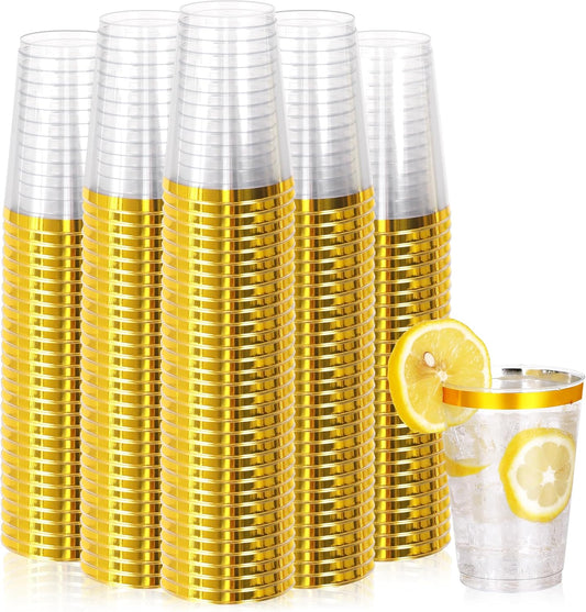 200 Pcs Gold Plastic Cups,12oz Gold Rimmed Plastic Cups,Heavy Duty Disposable Plastiic Wine Glasses Cocktail Glasses Premium Cup with Gold Rim for Party,Wedding,Christmas