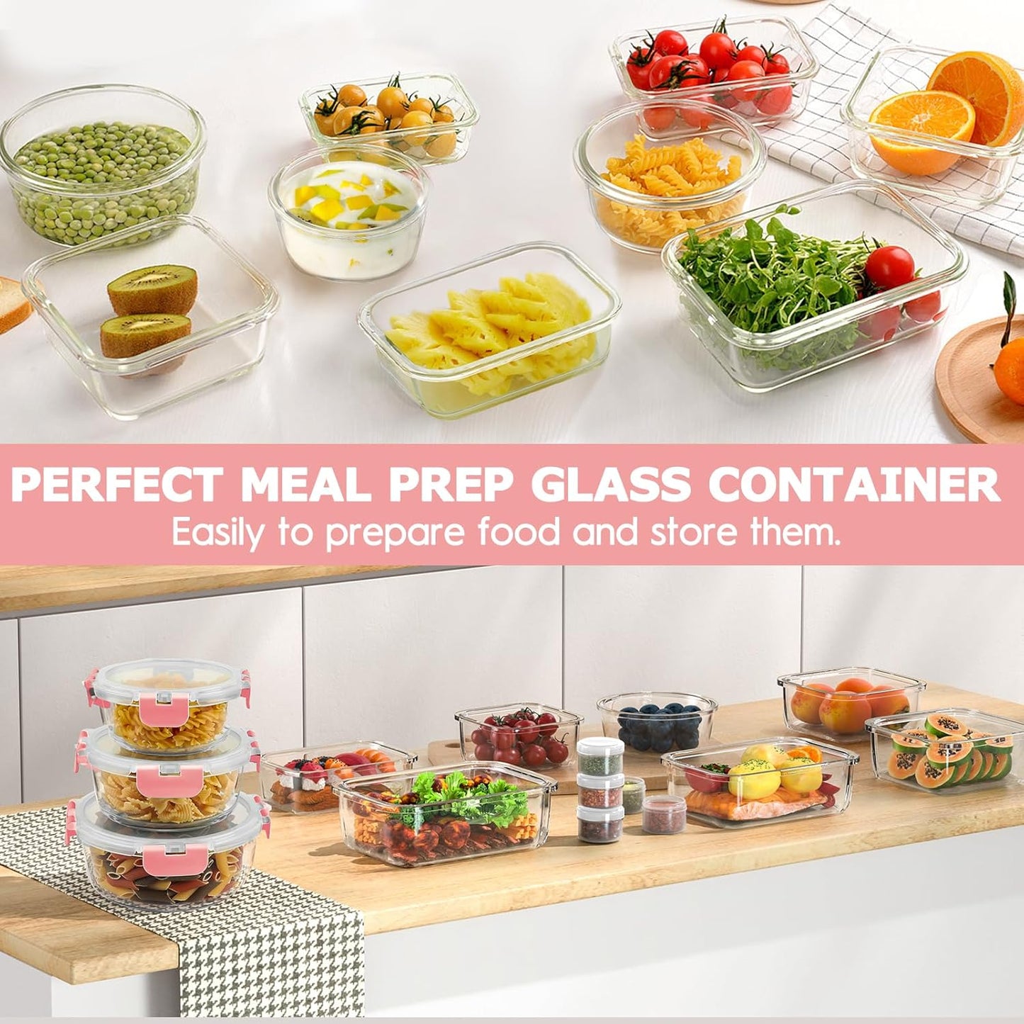 34pcs Glass Food Storage Containers with Lids Set, Airtight Glass Meal Prep Containers (17 Containers & 17 Lids), Leak Proof Lunch Containers BPA-Free, Microwave, Oven, Freezer, Dishwasher Safe-PINK