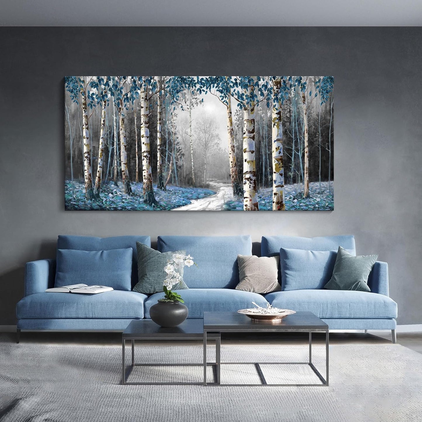 HKDGOKA Large Canvas Wall Art - Gray Blue Tree Abstract Canvas Painting Textured Picture, Modern Landscape Artwork Framed for Living Room Bedroom Bathroom Office Home Decor 58"x29"