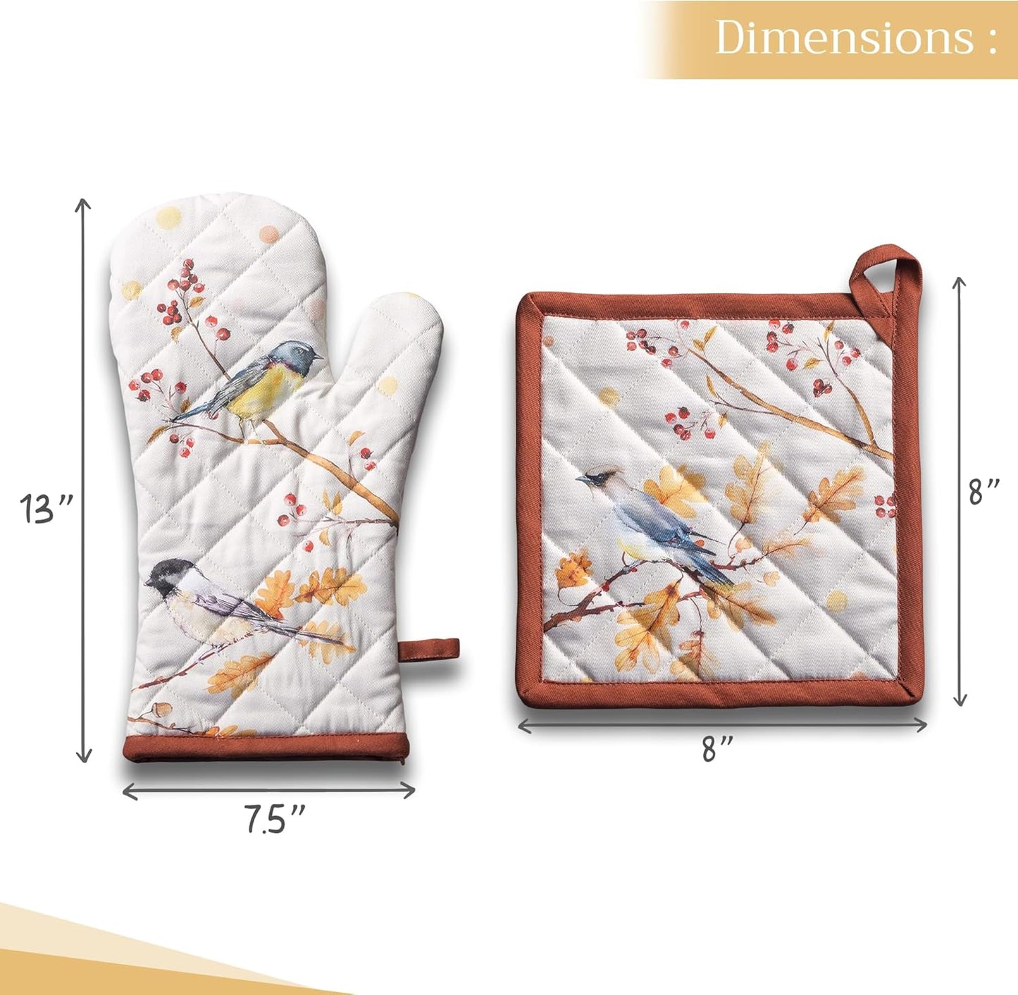 Maison d' Hermine 100% Cotton Oven Mitt & Pot Holder Set (7.5"x13" & 8"x8") Heat Resistant BBQ Cooking Gloves with Loop for Thanksgiving Christmas Decorations Handling Hot Pans (Oak Leaves)