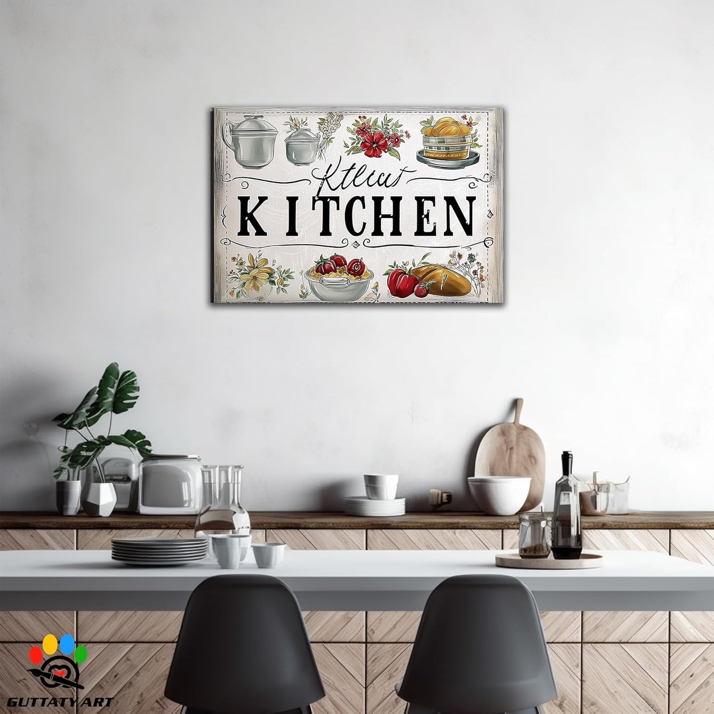 GUTTATY Kitchen Pictures Wall Decor, Farmhouse Wall Art Decor Colorful Vegetables and Flowers Painting for Dinning Room Restaurant Decor, Mother's Day Gift for Grandma Mom Hanging Artwork 24×36 Inch