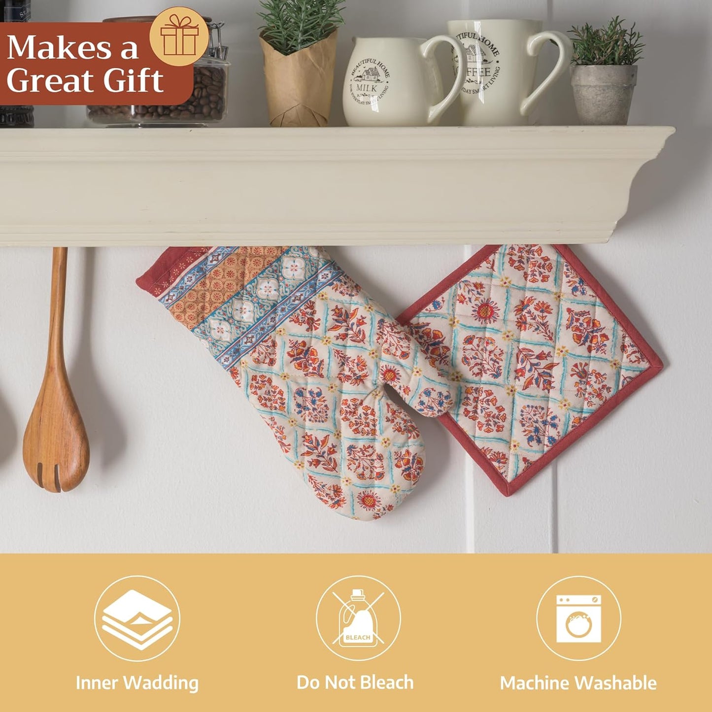 Maison d' Hermine Oven Gloves 100% Cotton Oven Mitt 7" x 13" with Loop Heat Resistant BBQ Cooking Gloves for Thanksgiving Christmas Decorations Baking Handling Hot Pans (Pack of 1, Romane)