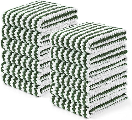 Homaxy Kitchen Towels(12 Pack, 10 x 20 inches), Ultra Soft and Absorbent Dish Towels, Reusable Fast Drying Microfiber Cleaning Cloth, Coral Velvet Wave Design No-lint, Grass Green