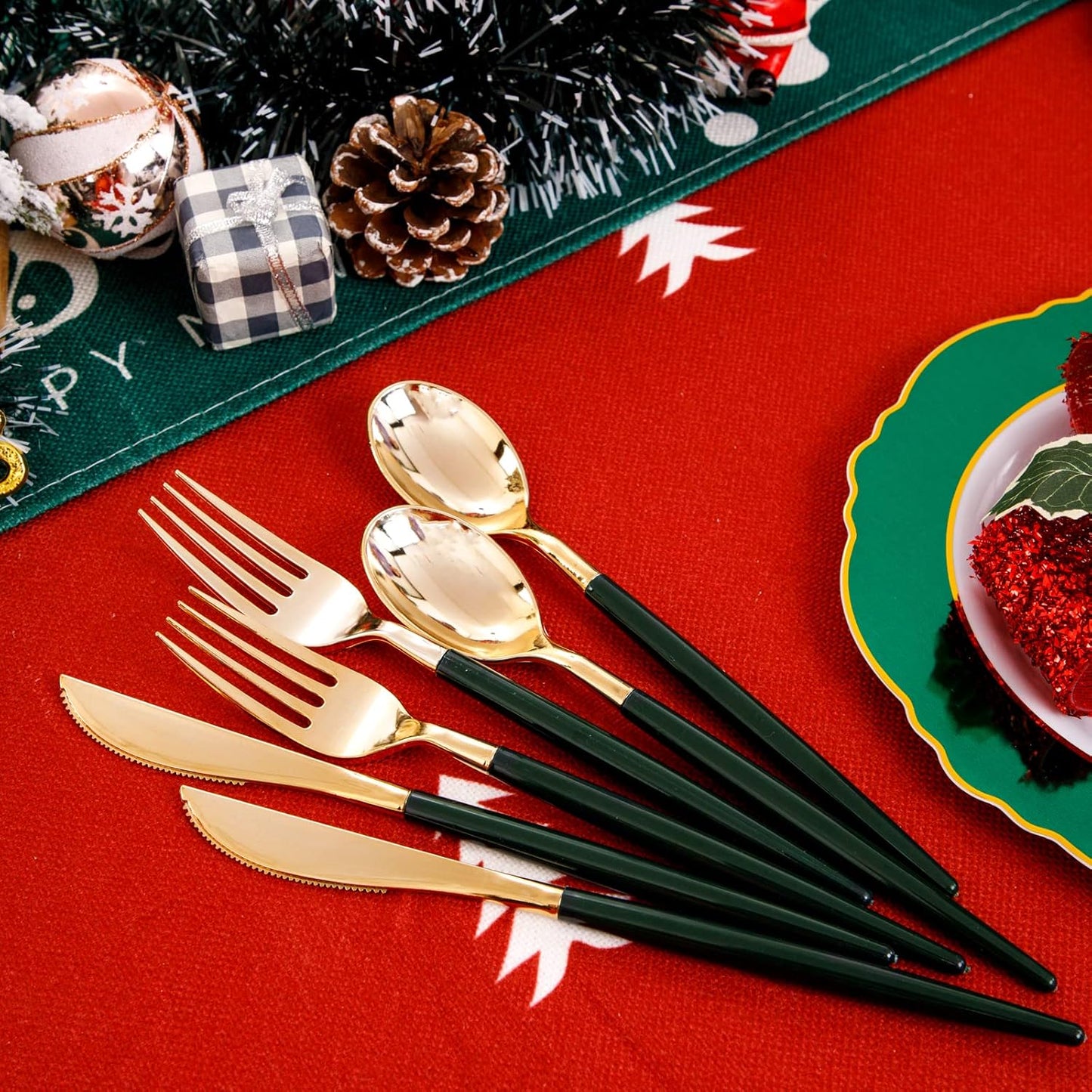 WDF 30Guest Christmas Plates Disposable - Gold Plastic Silverware With Green Handle - Christmas Plastic Plates - Baroque Green &Gold Plastic Dinnerware for Christmas Plates Party