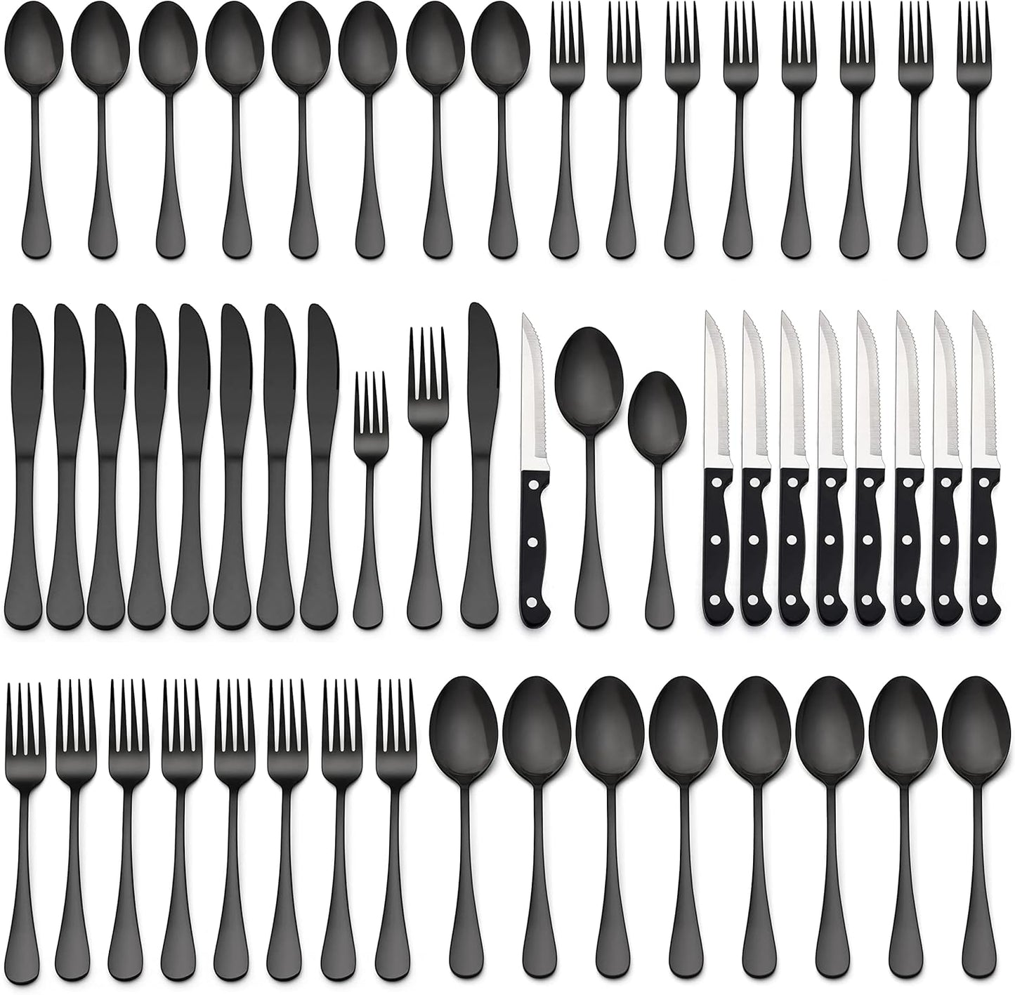 LIANYU 48-Piece Black Silverware Set with Steak Knives, Stainless Steel Flatware Cutlery Set for 8, Modern Eating Utensils Tableware, Mirror Finish, Dishwasher Safe