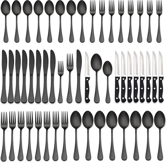 LIANYU 48-Piece Black Silverware Set with Steak Knives, Stainless Steel Flatware Cutlery Set for 8, Modern Eating Utensils Tableware, Mirror Finish, Dishwasher Safe