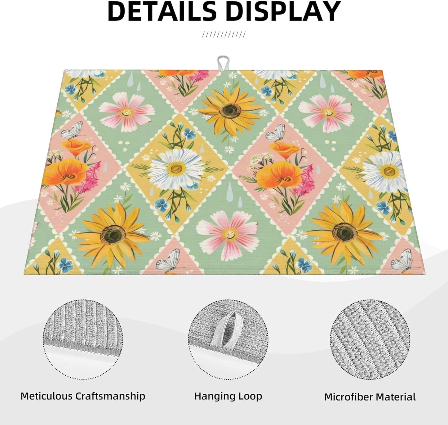 Daisy Flowers Dish Drying Mat 18x24 Inch, Microfiber Absorbent Fast Dry Mat Floral Large Dish Mat Drying Kitchen Mat, Kitchen Drying Pad for Kitchen Counter Coffee Bar Decor Gifts