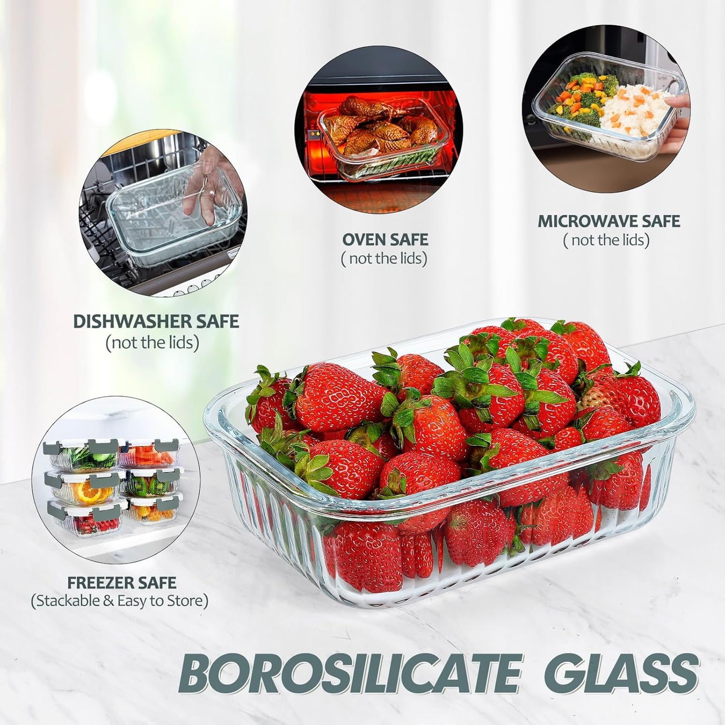 KOMUEE 10 Packs 22 oz Glass Meal Prep Containers, Glass Food Storage Containers with Lids, Airtight Glass Lunch Containers, Microwave, Oven, Freezer Safe, Gray