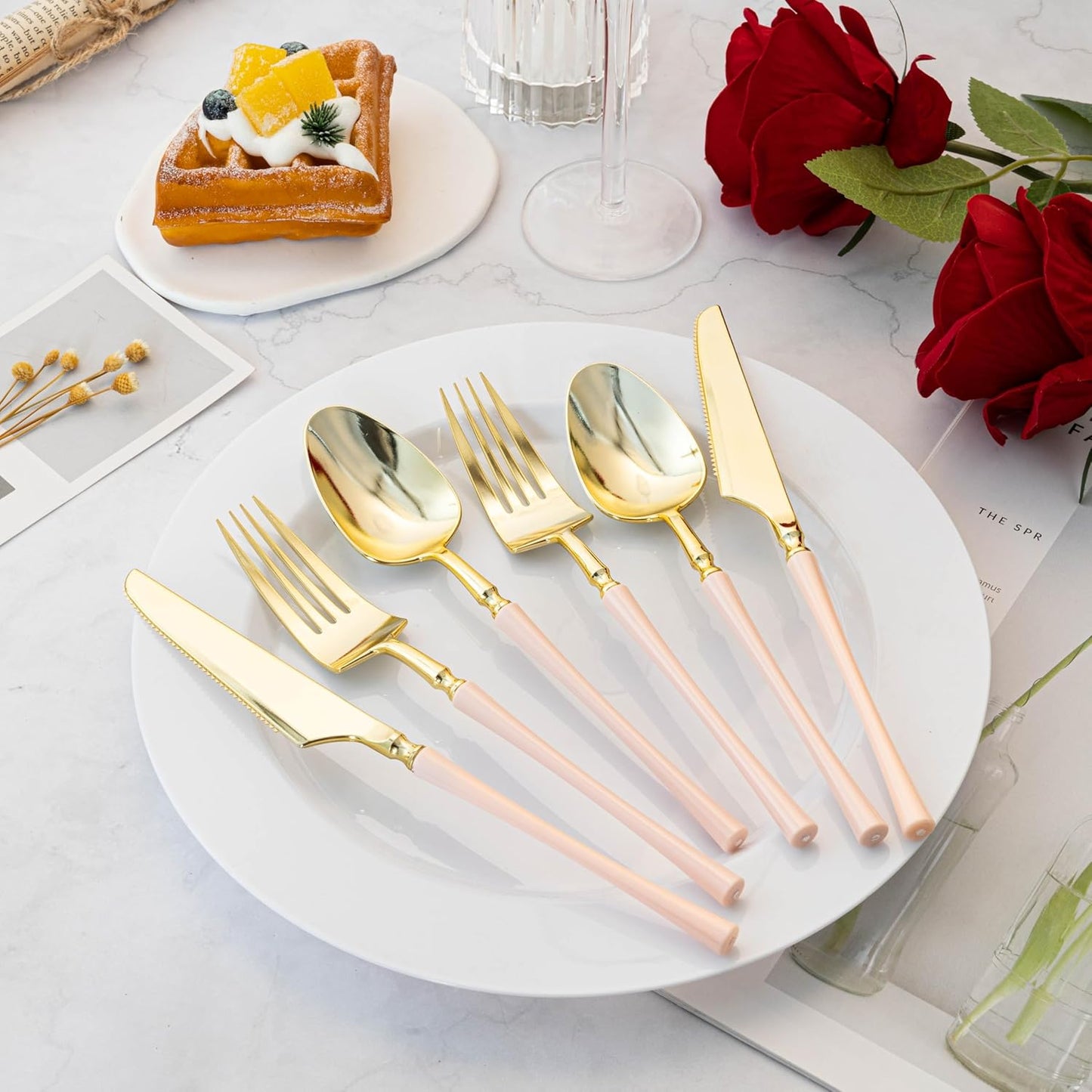 Lullaby 90pcs Gold Plastic Silverware, High End Disposable Cutlery with Pink Handle Include 30 Forks, 30 Spoons, 30 Knives, Elegant Disposable Silverware for Wedding, Party, Gathering and Daily Use