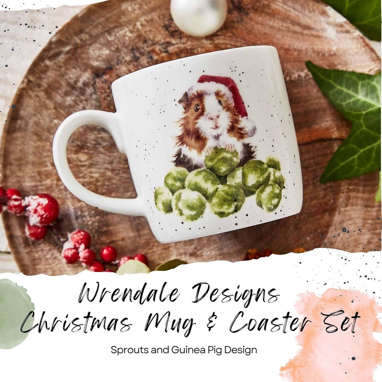 Royal Worcester Wrendale Designs Sprouts 11 Oz Mug & Coaster Set, Fine Bone China Coffee Mug with Adorable Guinea Pig in Santa Hat, Dishwasher & Microwave Safe - Festive Gift for Animal Lovers