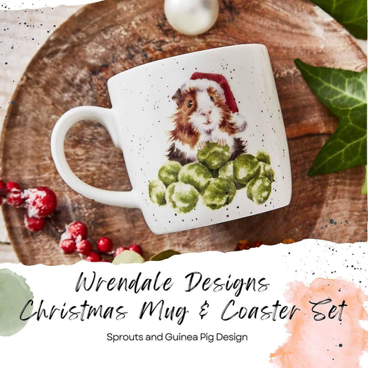 Royal Worcester Wrendale Designs Sprouts 11 Oz Mug & Coaster Set, Fine Bone China Coffee Mug with Adorable Guinea Pig in Santa Hat, Dishwasher & Microwave Safe - Festive Gift for Animal Lovers