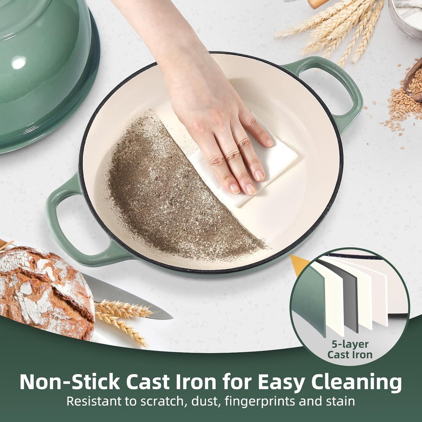 Davivy 5.5QT Cast Iron Sourdough Pan, 10" Round Dutch Oven for Bread, Enameled Cast Iron Dutch Oven for Sourdough Bread, Bread Baking Cloche, with Silicone Baking Mat - Sea Salt Green